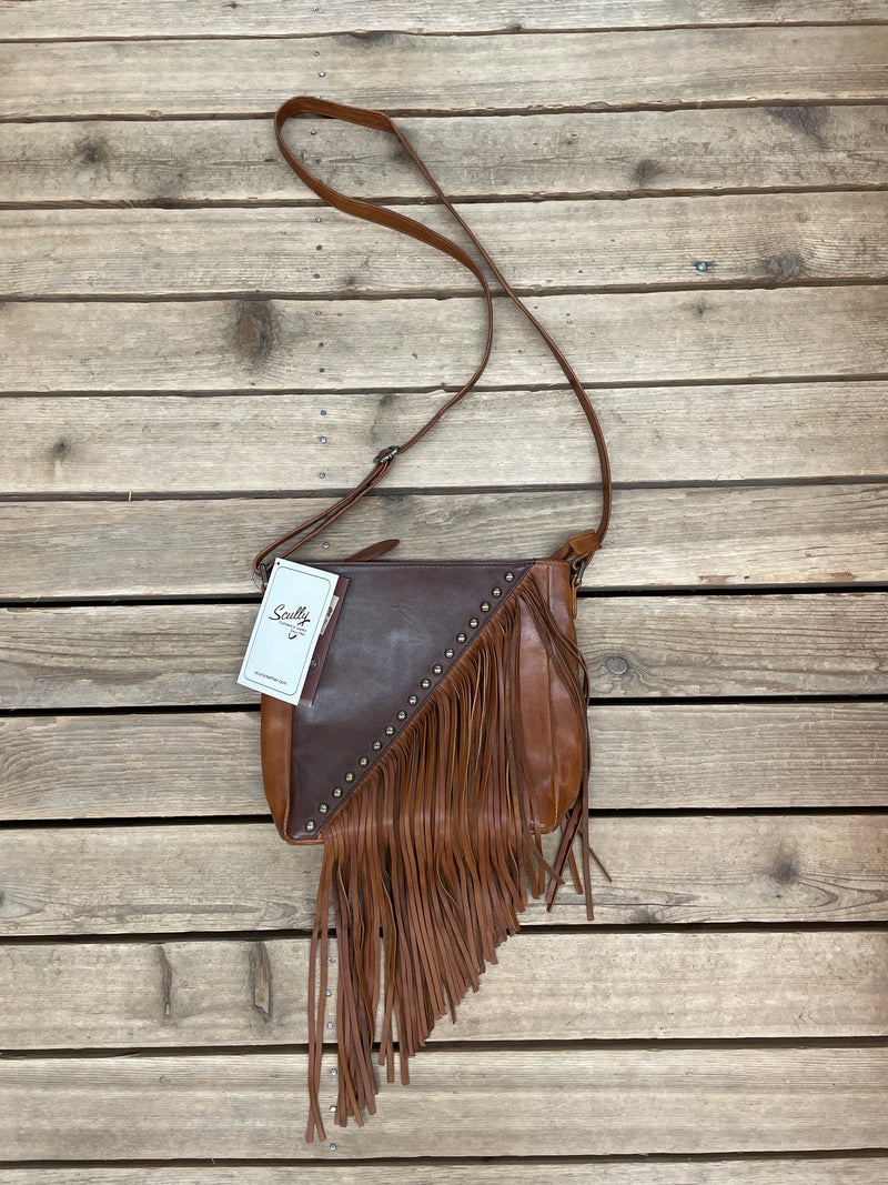 SCULLY LEATHER BROWN TWO TONED FRINGE PURSE