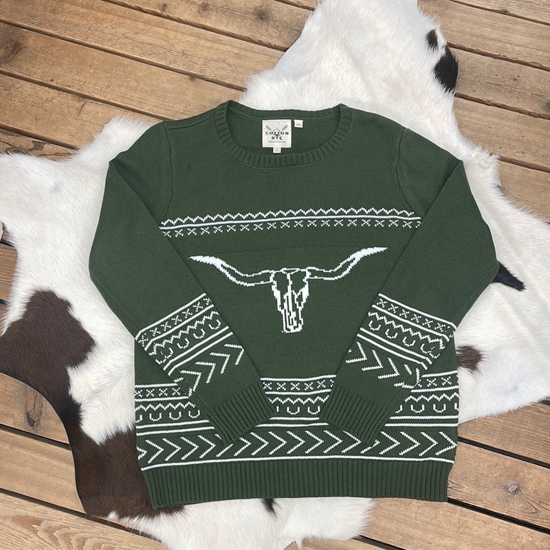 COTTON & RYE OLIVE LONGHORN SWEATER