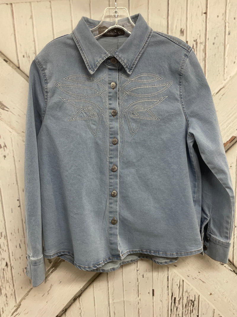 BOOT STITCH EMBROIDERED DENIM SHIRT-LT WASH