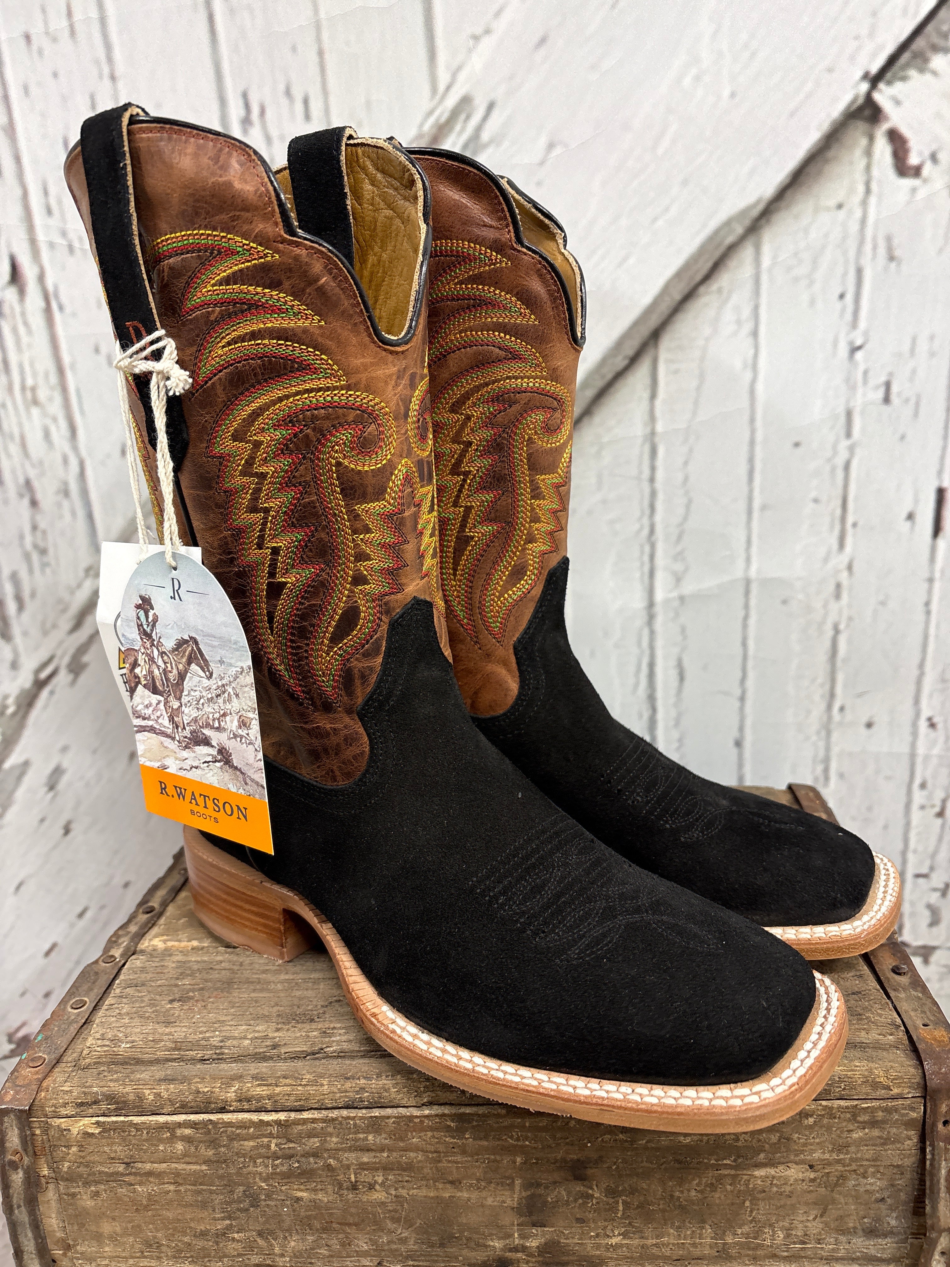 R WATSON BLACK ROUGHOUT SQ TOE BOOTS – Hitch'n Post