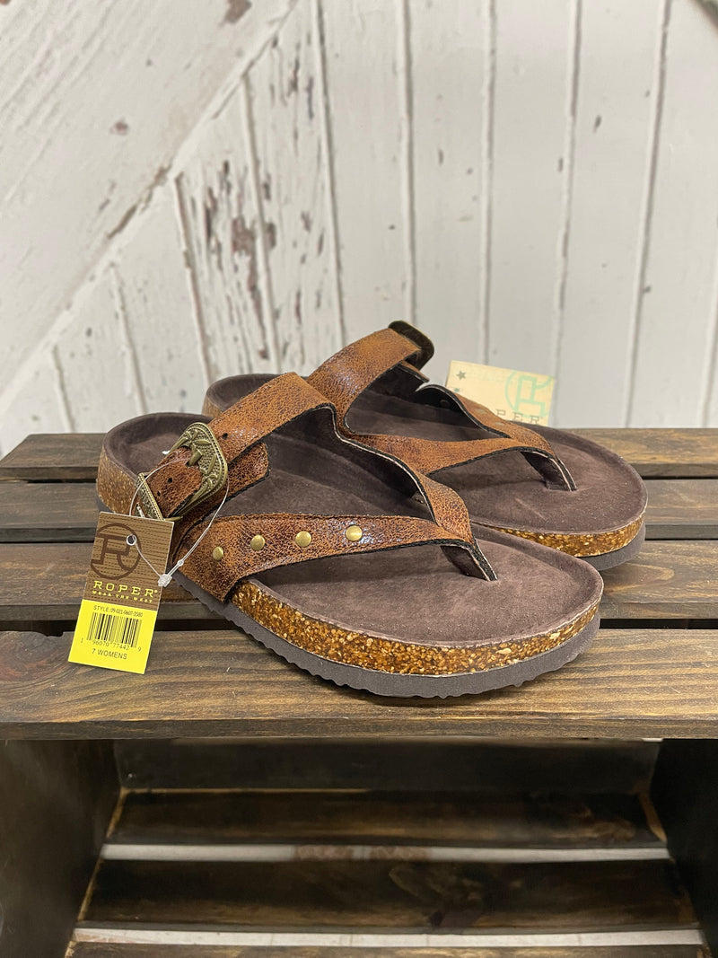 ROPER FAUX VINTAGE COGNAC LEATHER SANDALS