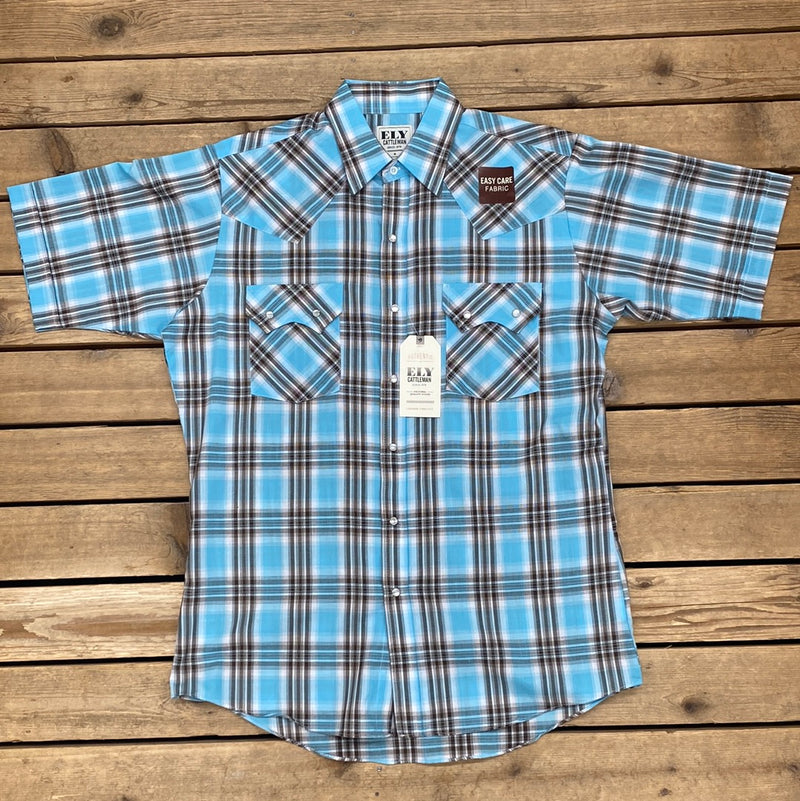 blue plaid snap shirt