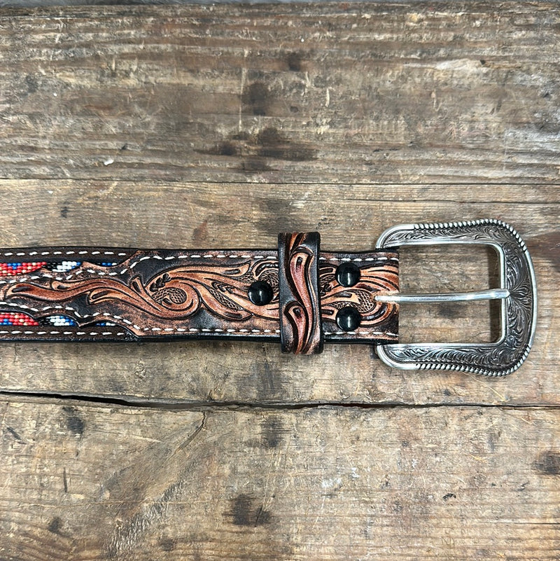 3D TOOLED RED BEADED INLAY BELT