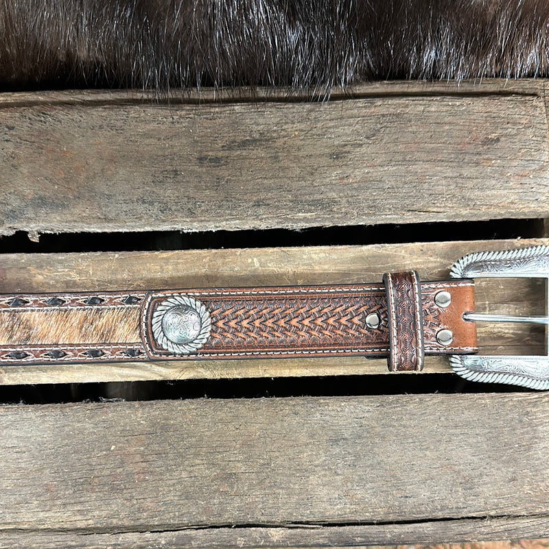 NOCONA BROWN BELT WITH HAIR ON & LEATHER EDGE