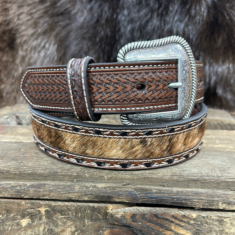 NOCONA BROWN BELT WITH HAIR ON & LEATHER EDGE