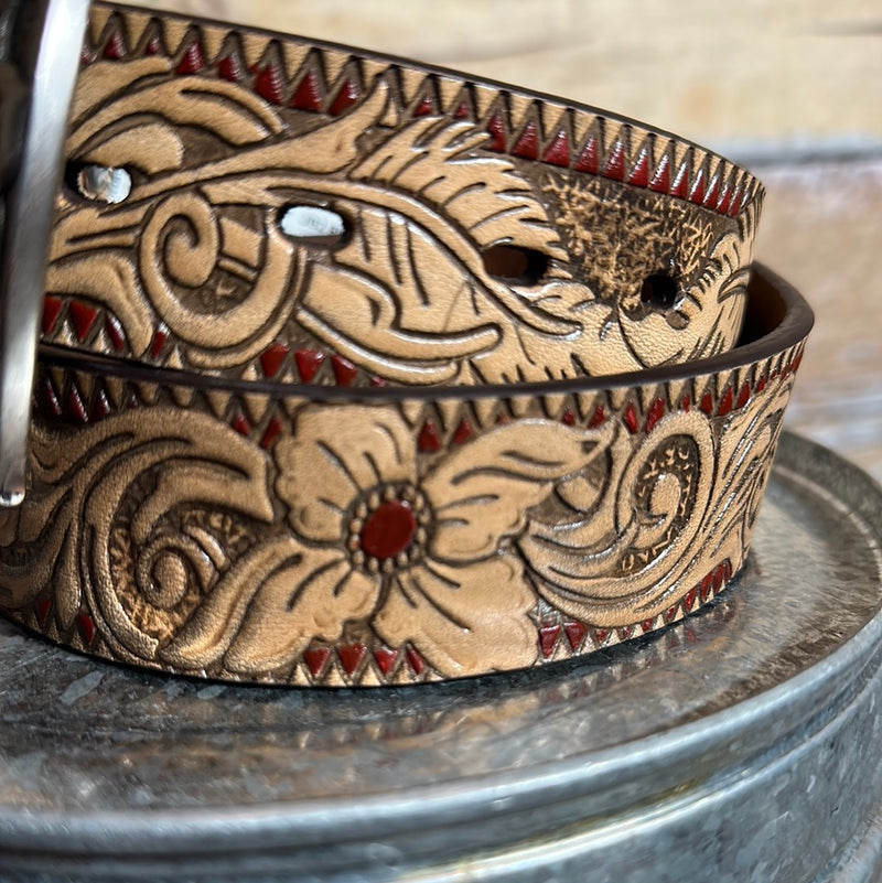 HOOEY FLOR NATURAL FEATHER RED ACCENT BELT