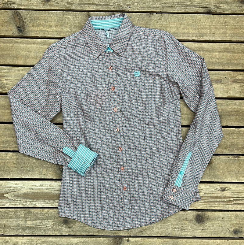 CINCH CORAL & BLUE GEOMETRIC PRINT SHIRT