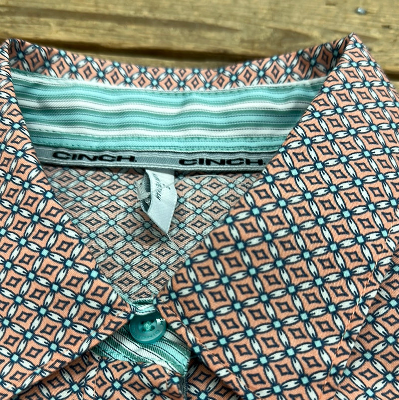 CINCH CORAL & BLUE GEOMETRIC PRINT SHIRT